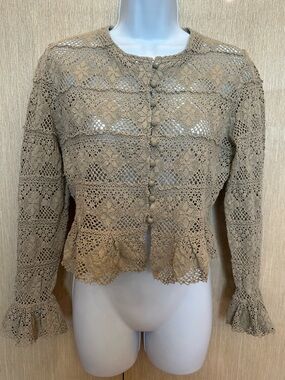 Vintage Style Crochet Lace Cardigan Blouse Boho Top Beige Taupe